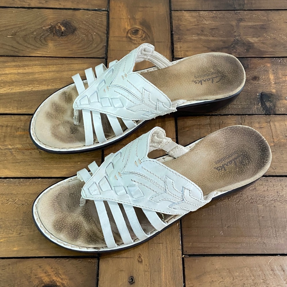 Clarks Bendables White Leather Strappy Thong Wedge Sandals Womens 12M 73881